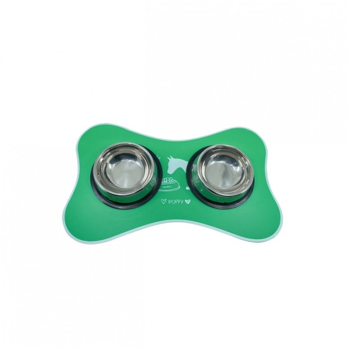 Covoras Happy Puppy, din plastic, suport pentru bolurile de mancare sau apa, forma os, 50x30 cm, verde [2]