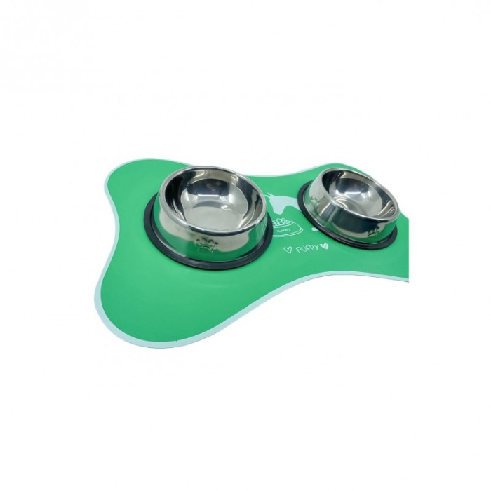 Covoras Happy Puppy, din plastic, suport pentru bolurile de mancare sau apa, forma os, 50x30 cm, verde [3]