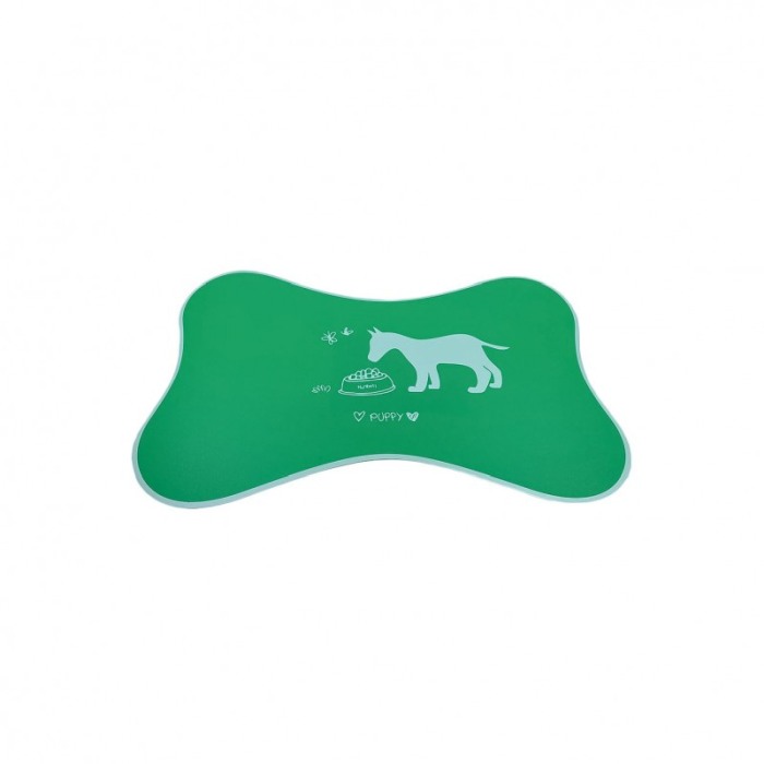 Covoras Happy Puppy, din plastic, suport pentru bolurile de mancare sau apa, forma os, 50x30 cm, verde [4]