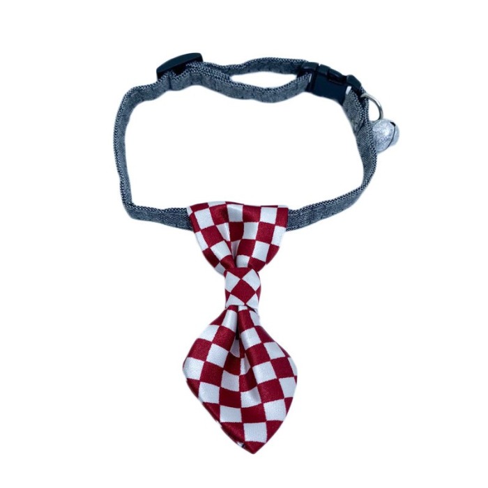 Cravata Ring Raley, pentru animale de companie, mici,32-24 cm, reglabila, clopotel inclus, model carouri, rosu/alb [1]