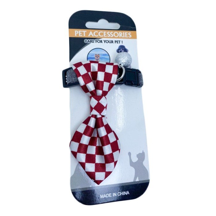 Cravata Ring Raley, pentru animale de companie, mici,32-24 cm, reglabila, clopotel inclus, model carouri, rosu/alb [2]