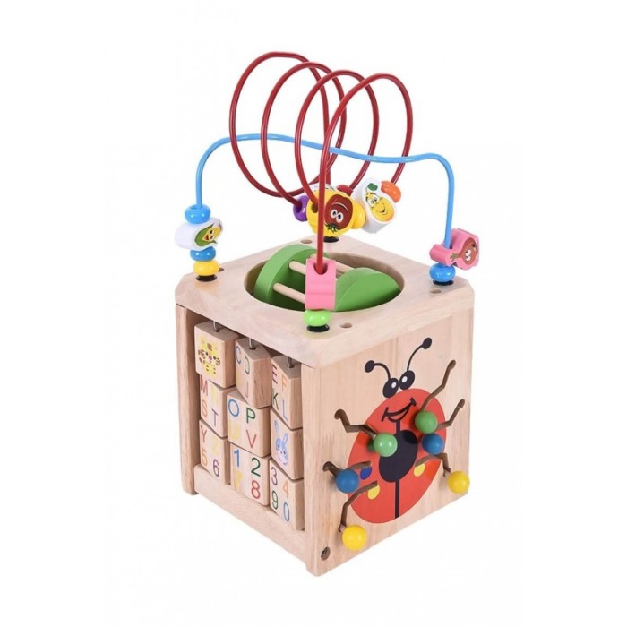 Cub din lemn educativ Ladybug 6 in 1, cu multiple activitati, ceas, numaratoare.roata, labirint, dezvolta gandirea si imaginatia [8]