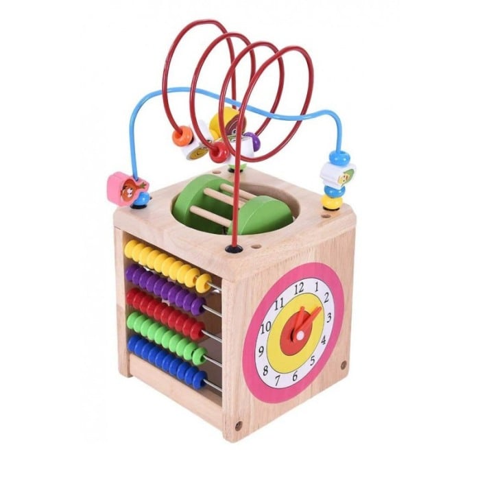 Cub din lemn educativ Ladybug 6 in 1, cu multiple activitati, ceas, numaratoare.roata, labirint, dezvolta gandirea si imaginatia [7]