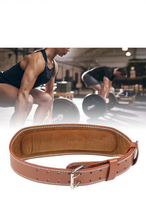 Curea fitness de protectie Waist Lifting Belt Doty®, tip centura, suport talie pentru ridicarea greutatilor, din piele ecologica, 100 cm, reglabila, maro [4]