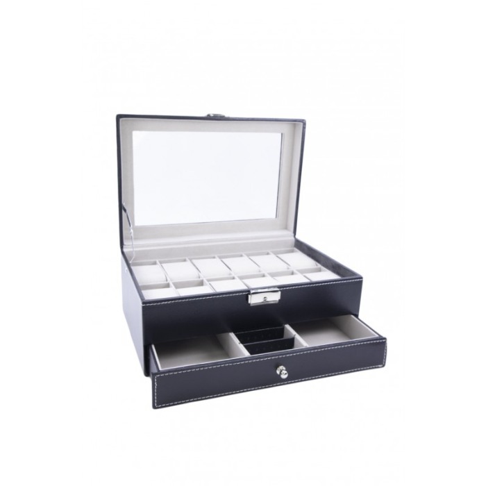 Cutie 12 ceasuri Azure , caseta eleganta neagra pentru ceasuri, piele ecologica,interior captusit cu catifea,sertar pentru bijut [3]