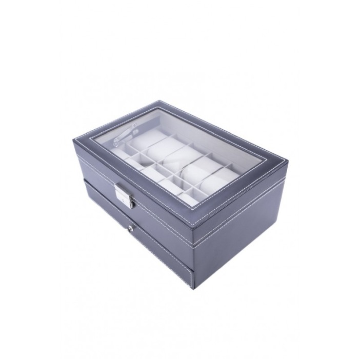 Cutie 12 ceasuri Azure , caseta eleganta neagra pentru ceasuri, piele ecologica,interior captusit cu catifea,sertar pentru bijut [7]