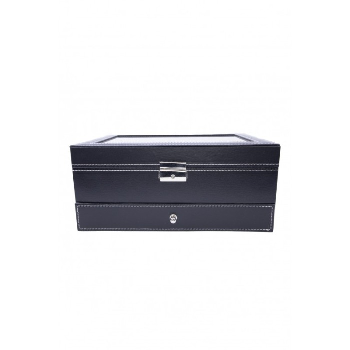 Cutie 12 ceasuri Azure , caseta eleganta neagra pentru ceasuri, piele ecologica,interior captusit cu catifea,sertar pentru bijut [2]