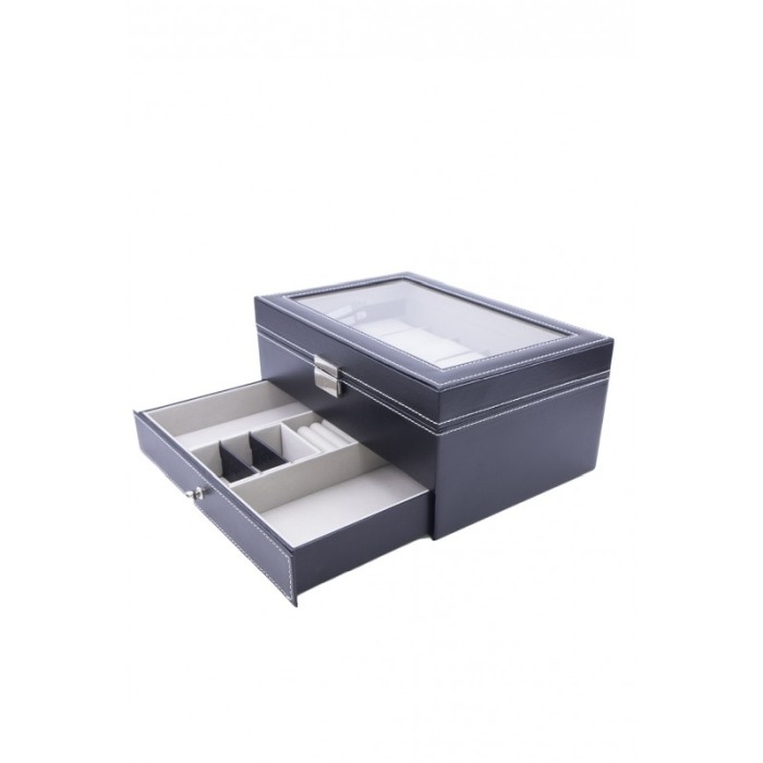 Cutie 12 ceasuri Azure , caseta eleganta neagra pentru ceasuri, piele ecologica,interior captusit cu catifea,sertar pentru bijut [6]