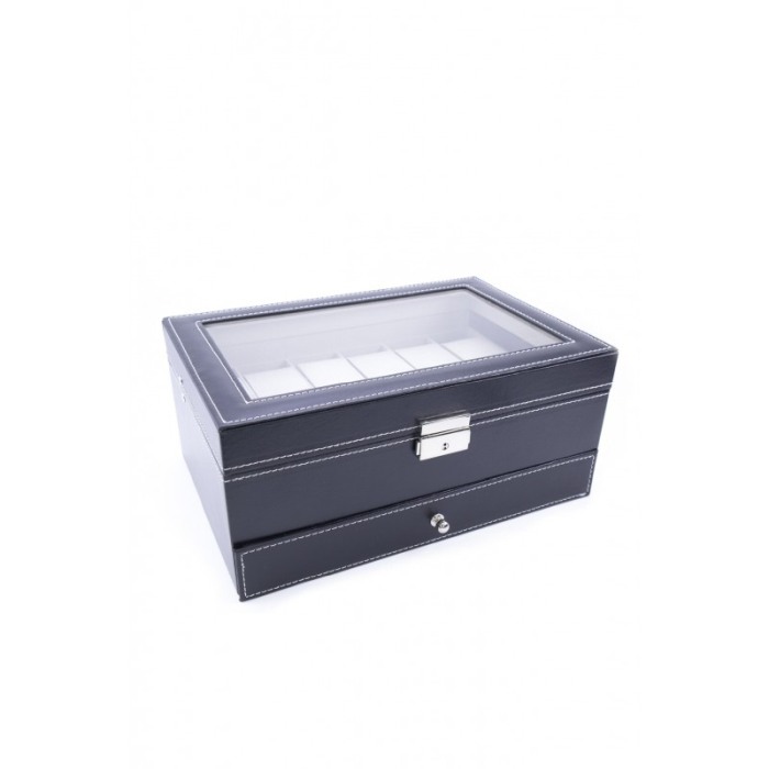 Cutie 12 ceasuri Azure , caseta eleganta neagra pentru ceasuri, piele ecologica,interior captusit cu catifea,sertar pentru bijut [1]
