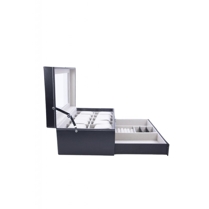 Cutie 12 ceasuri Azure , caseta eleganta neagra pentru ceasuri, piele ecologica,interior captusit cu catifea,sertar pentru bijut [4]