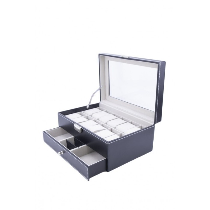 Cutie 12 ceasuri Azure , caseta eleganta neagra pentru ceasuri, piele ecologica,interior captusit cu catifea,sertar pentru bijut [5]