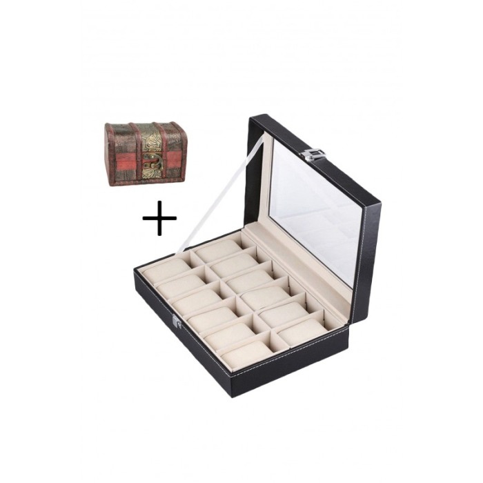 Cutie 12 ceasuri , caseta eleganta neagra pentru ceasuri + cadou cutie lemn depozitare bijuterii [2]