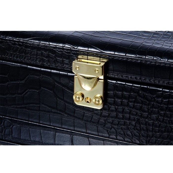 Cutie bijuterii cu 3 niveluri, cu oglinda, culoare neagru, imprimeu piele sarpe, 26 cm [3]