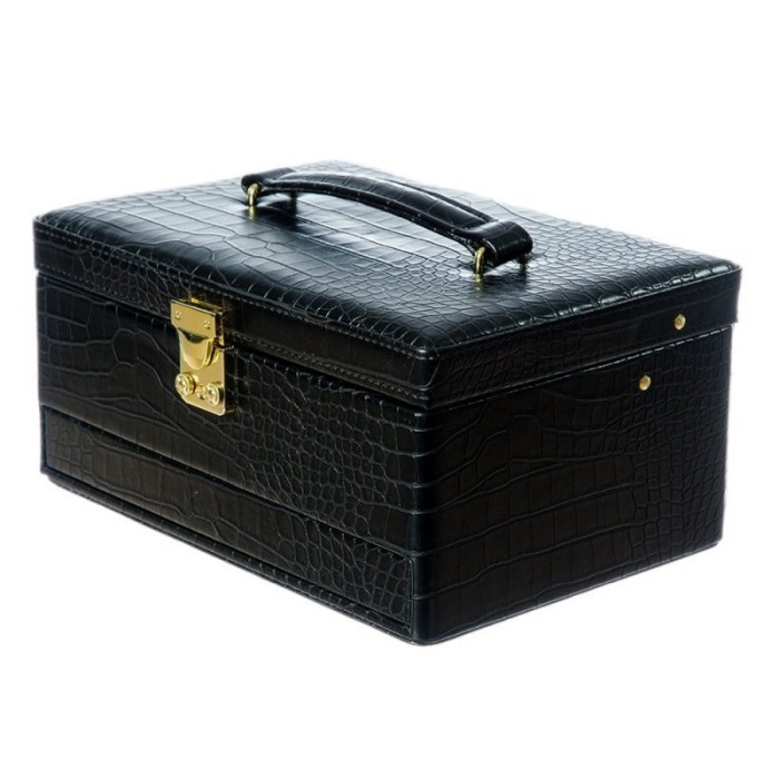 Cutie bijuterii cu 3 niveluri, oglinda, si maner, imprimeu piele sarpe,Culoare Negru [4]