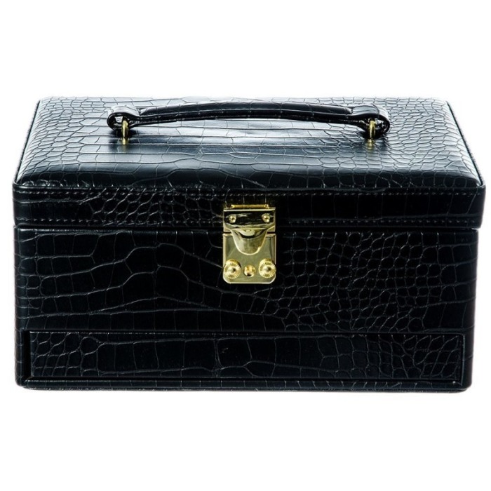 Cutie bijuterii cu 3 niveluri, oglinda, si maner, imprimeu piele sarpe,Culoare Negru [3]