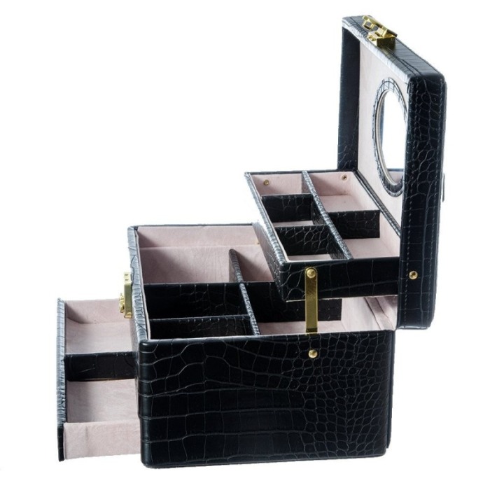 Cutie bijuterii cu 3 niveluri, oglinda, si maner, imprimeu piele sarpe,Culoare Negru [2]