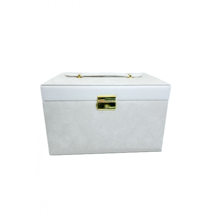 Cutie bijuterii Marbella,3 sertare, spatii organizare, cu oglinda,piele ecologica, alb fildes, 26x18x17 cm [6]