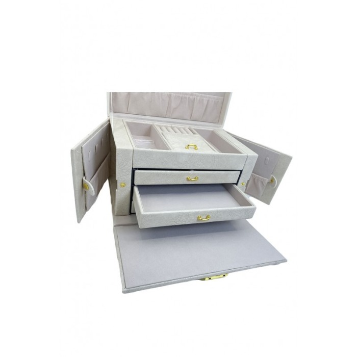 Cutie bijuterii Marbella,3 sertare, spatii organizare, cu oglinda,piele ecologica, alb fildes, 26x18x17 cm [4]