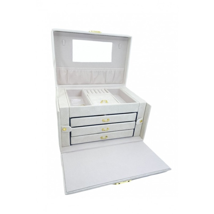 Cutie bijuterii Marbella,3 sertare, spatii organizare, cu oglinda,piele ecologica, alb fildes, 26x18x17 cm [1]