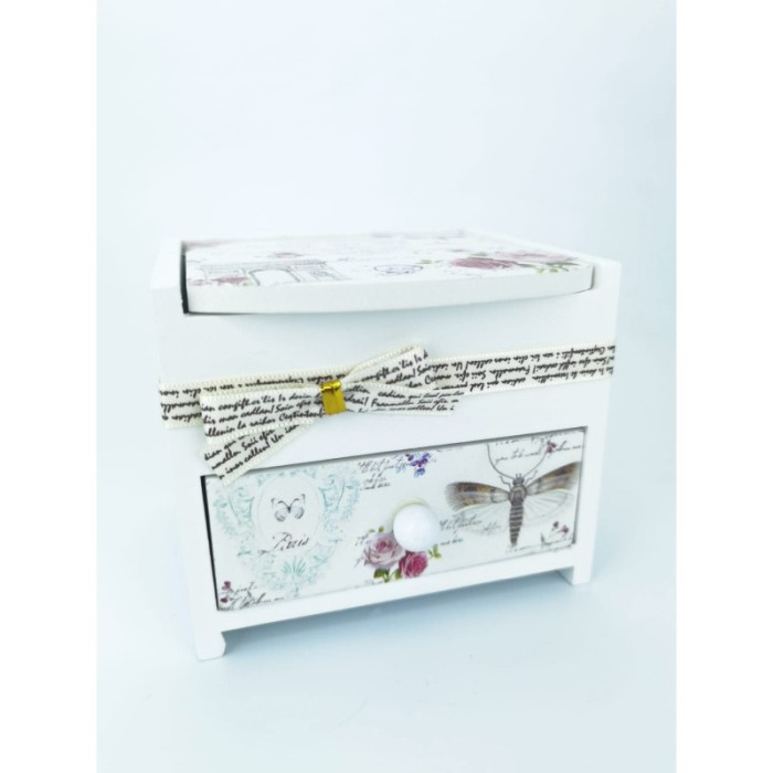 Cutie de bijuterii alba din lemn , cu capac ,model Paris,libelula si trandafiri, 11 cm, Doty [4]