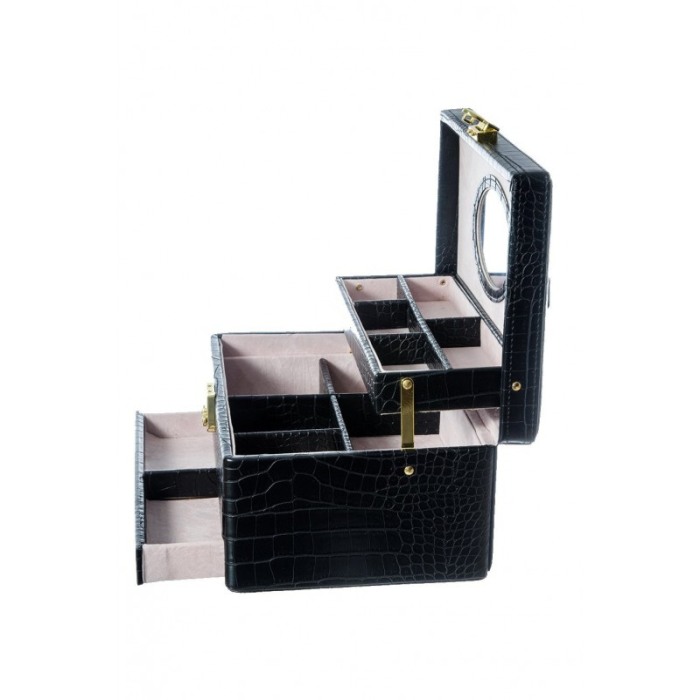 Cutie de bijuterii Black Moon, din piele ecologica tip croco, 3 niveluri, eleganta, compartimentata,contine oglinda interioara o [4]