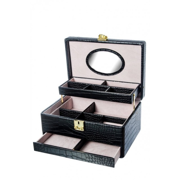 Cutie de bijuterii Black Moon, din piele ecologica tip croco, 3 niveluri, eleganta, compartimentata,contine oglinda interioara o [1]