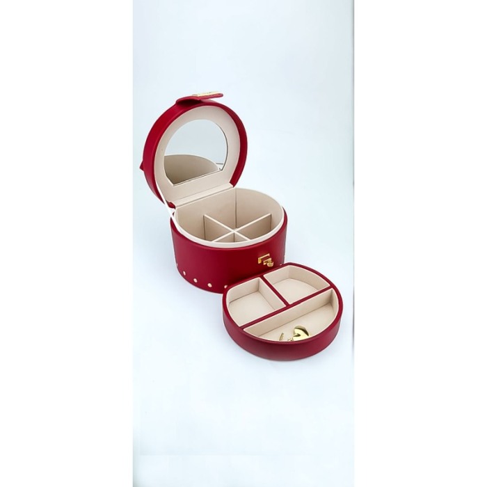 Cutie de bijuterii din piele ecologica, eleganta,ovala,compartimentata,stil cufar, contine lacat si cheie, culoare rosie, doty [3]