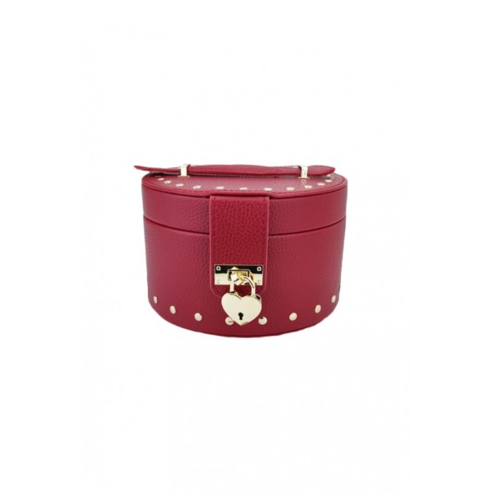 Cutie de bijuterii din piele ecologica, eleganta,ovala,compartimentata,stil cufar, contine lacat si cheie, culoare rosie, doty [2]