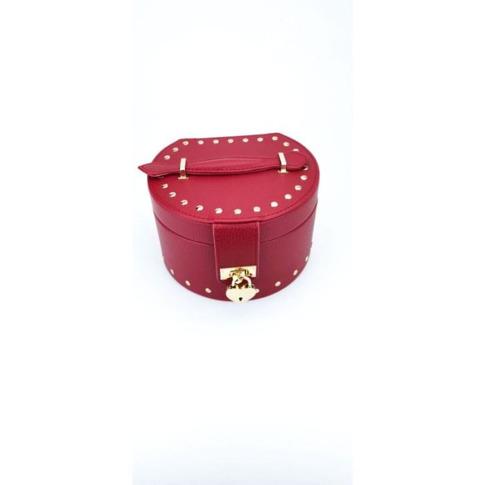 Cutie de bijuterii din piele ecologica, eleganta,ovala,compartimentata,stil cufar, contine lacat si cheie, culoare rosie, doty [4]