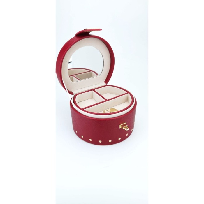 Cutie de bijuterii din piele ecologica, eleganta,ovala,compartimentata,stil cufar, contine lacat si cheie, culoare rosie, doty [1]