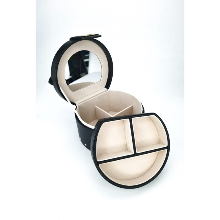 Cutie de bijuterii din piele ecologica, eleganta,ovala,stil cufar, contine lacat si cheie, culoare neagra, doty [2]