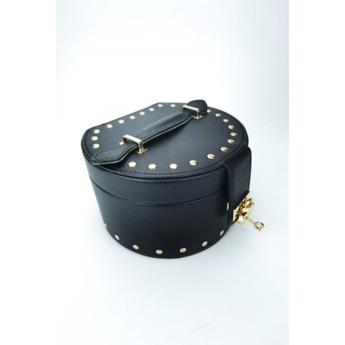 Cutie de bijuterii din piele ecologica, eleganta,ovala,stil cufar, contine lacat si cheie, culoare neagra, doty [4]