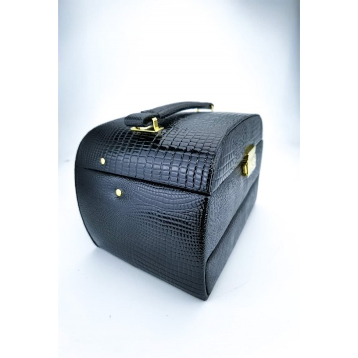 Cutie de bijuterii din piele ecologica tip croco, eleganta, compartimentata pe 3 nivele,contine si cheita, negru, doty [2]