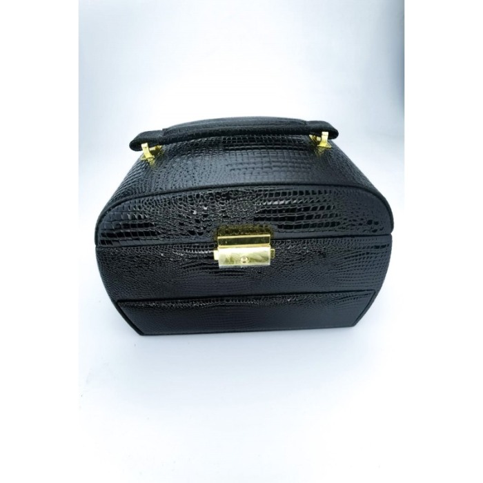 Cutie de bijuterii din piele ecologica tip croco, eleganta, compartimentata pe 3 nivele,contine si cheita, negru, doty [4]
