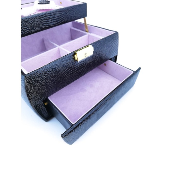Cutie de bijuterii din piele ecologica tip croco, eleganta, compartimentata pe 3 nivele,contine si cheita, negru, doty [3]