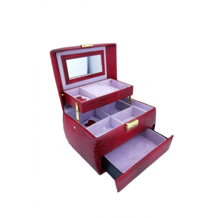 Cutie de bijuterii din piele ecologica tip croco, eleganta, compartimentata pe 3 nivele,contine si cheita, rosu, doty [2]