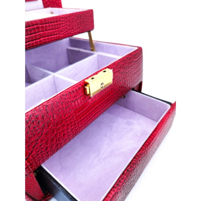 Cutie de bijuterii din piele ecologica tip croco, eleganta, compartimentata pe 3 nivele,contine si cheita, rosu, doty [3]