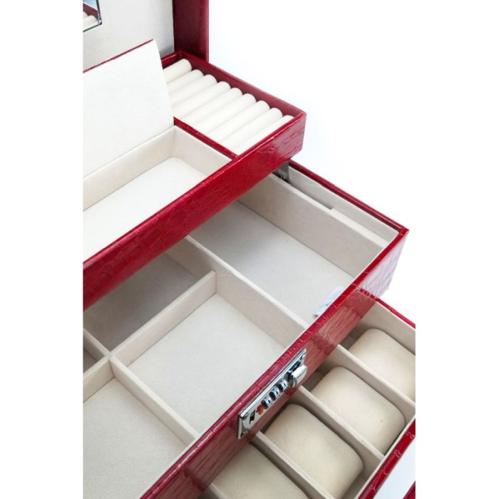 Cutie de bijuterii Giga, din piele ecologica, maner,cifru, 3 nivele, 6 spatii pentru ceasuri, compartimentata,mini cutie tip por [4]