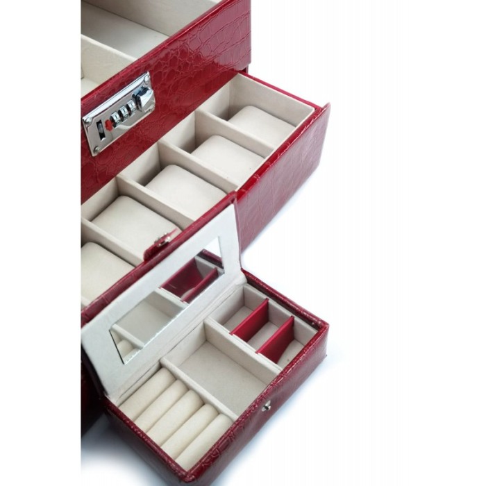 Cutie de bijuterii Giga, din piele ecologica, maner,cifru, 3 nivele, 6 spatii pentru ceasuri, compartimentata,mini cutie tip por [2]