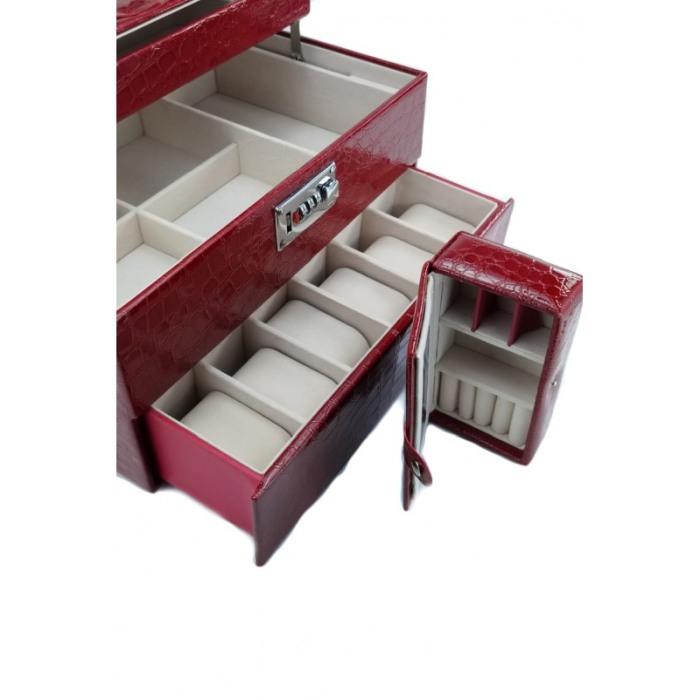 Cutie de bijuterii Giga, din piele ecologica, maner,cifru, 3 nivele, 6 spatii pentru ceasuri, compartimentata,mini cutie tip por [3]
