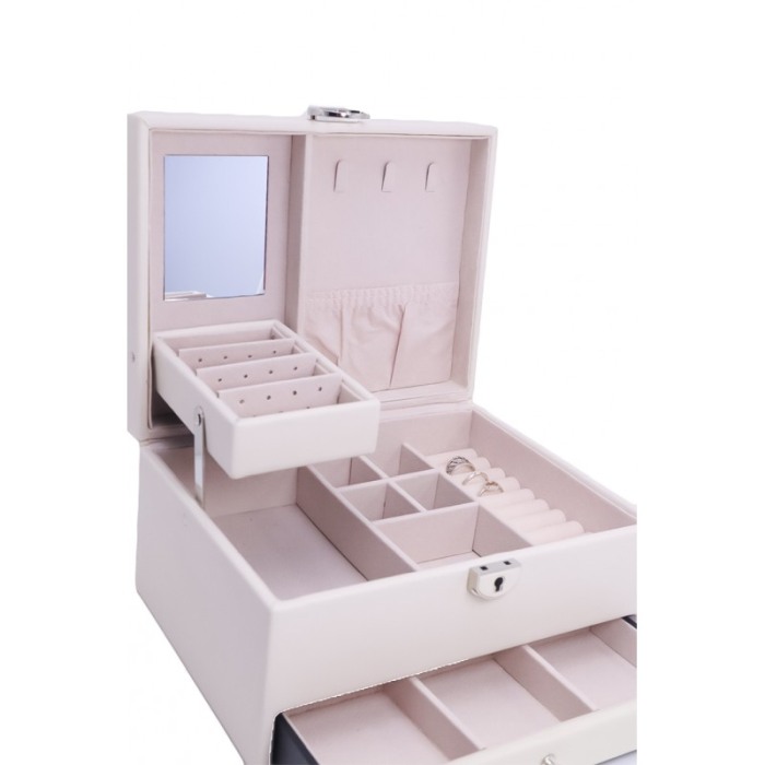Cutie de bijuterii Ivory Bijoux, din piele ecologica, eleganta, cu sertar , 23cm , cu cheita si oglinda,alb fildes [3]