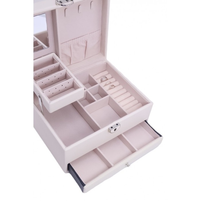 Cutie de bijuterii Ivory Bijoux, din piele ecologica, eleganta, cu sertar , 23cm , cu cheita si oglinda,alb fildes [4]