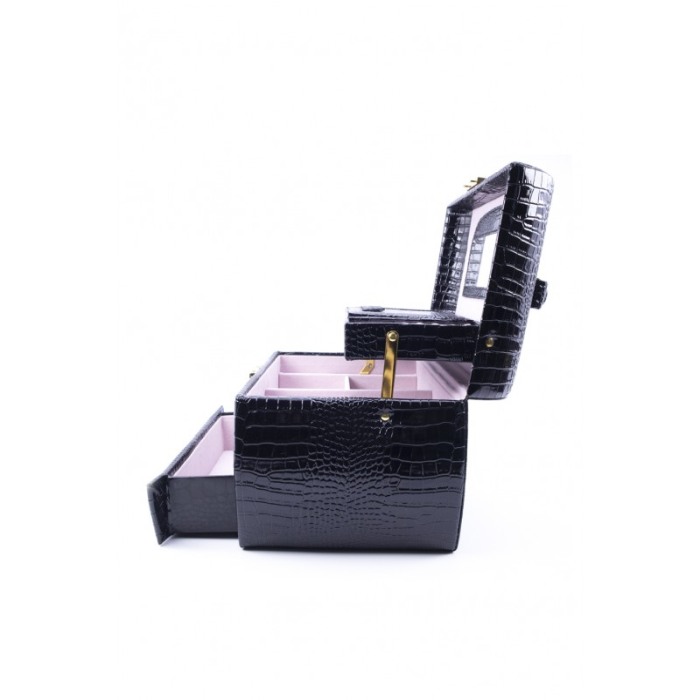 Cutie de bijuterii Nyx, din piele ecologica tip croco, 3 niveluri,oglinda interioara, culoare negru, 23 cm [4]