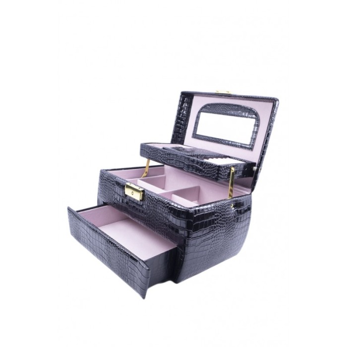 Cutie de bijuterii Nyx, din piele ecologica tip croco, 3 niveluri,oglinda interioara, culoare negru, 23 cm [1]