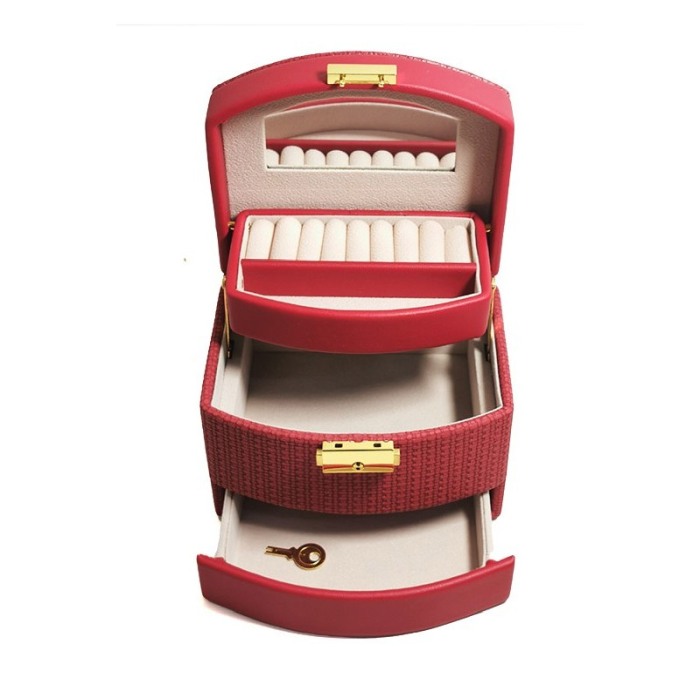 Cutie de bijuterii Scarlet Tresure Doty®, cu oglinda, sertare, cu cheita, Piele ecologica stil Croco Culoare rosu mat, 15x15 cm [3]
