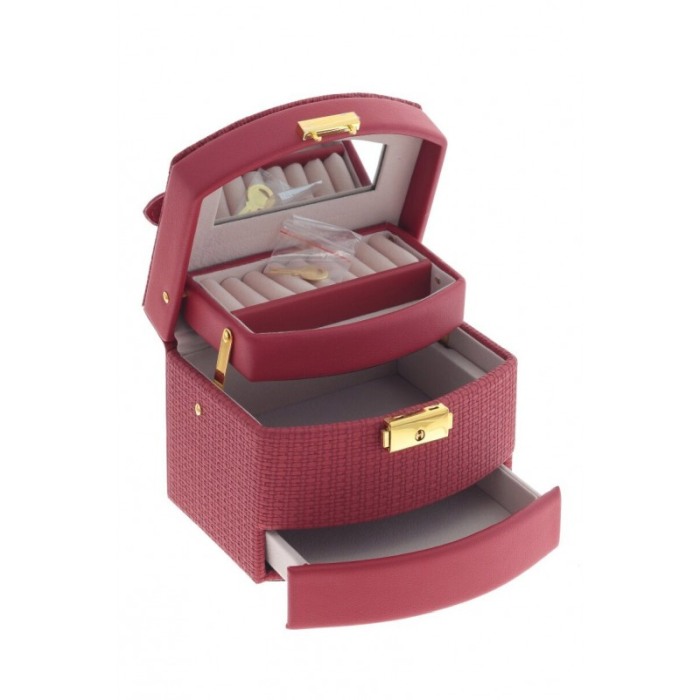Cutie de bijuterii Scarlet Tresure Doty®, cu oglinda, sertare, cu cheita, Piele ecologica stil Croco Culoare rosu mat, 15x15 cm [5]