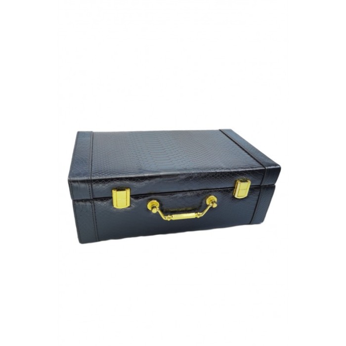 Cutie de bijuterii Snake Skin, din piele ecologica, eleganta,stil cufar,detalii aurii, maner, 2 nivele,culoare negru,33 cm, doty [5]