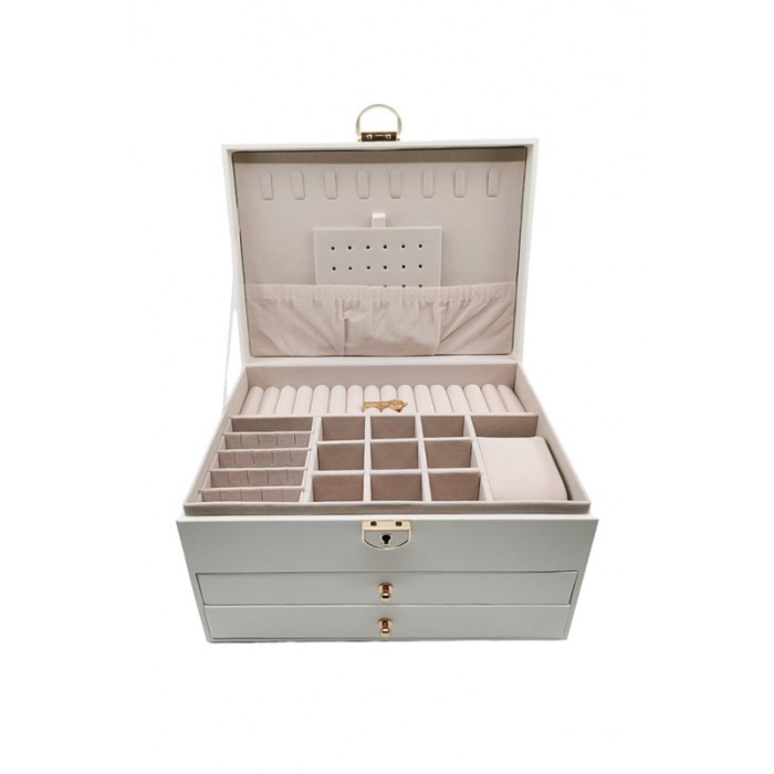 Cutie de bijuterii Valerie, piele ecologica, cu sertare si compartimente, cu cheita, 23x17x14 cm, alb, Doty® [3]