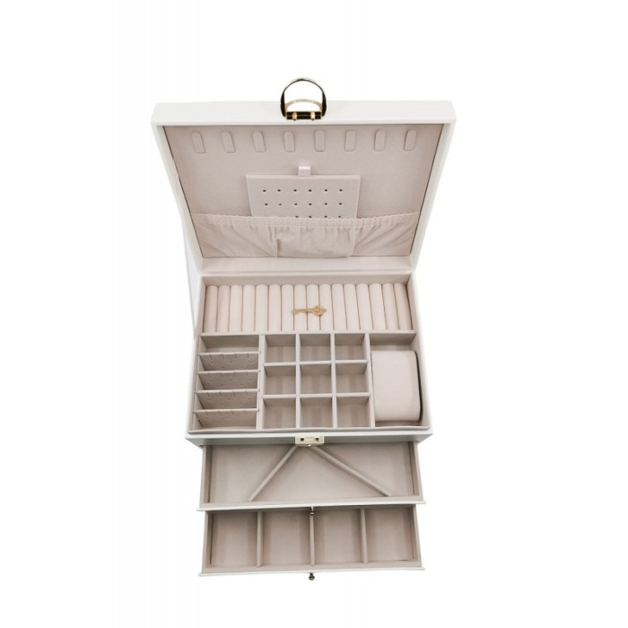 Cutie de bijuterii Valerie, piele ecologica, cu sertare si compartimente, cu cheita, 23x17x14 cm, alb, Doty® [5]