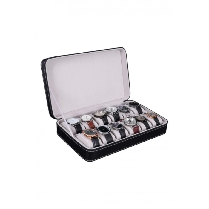 Cutie de ceasuri din piele ecologica HighLine Watch, pentru 10 ceasuri, pernute si interior din material moale, negru, 32x20 cm [2]